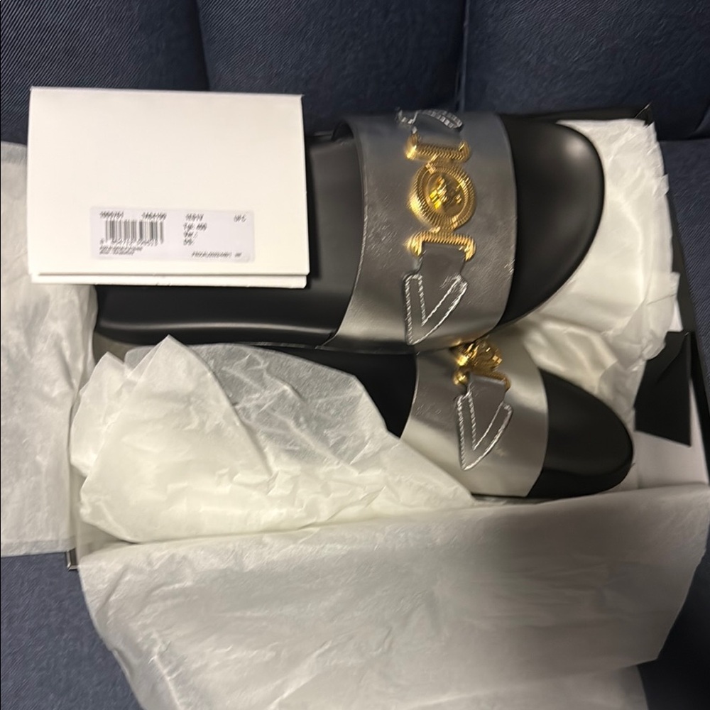 Versace Black, Silver and Gold Sandals with Embellished Strap size 40
